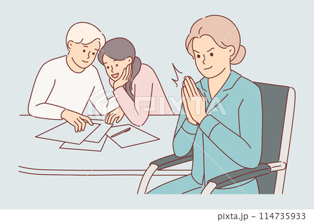 Cunning woman broker rubs palms and rejoices at completion of bad deal, sitting at table near couple 114735933