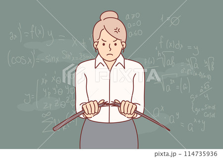 Angry woman teacher from high school breaks wooden pointer, standing near blackboard with formulas 114735936