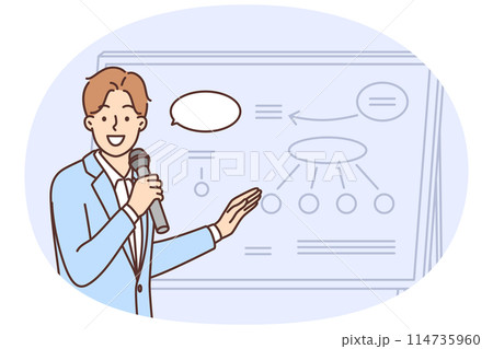 Smiling businessman make presentation on whiteboard Smiling businessman make presentation on whiteboard 114735960