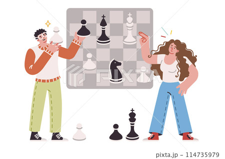 Chess game between man and woman symbolizes team strategic planning of business processes Chess game between man and woman symbolizes team strategic planning of business processes 114735979
