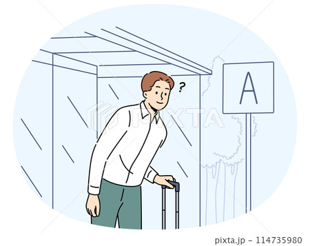 Frustrated male traveler wait on bus stop Frustrated male traveler wait on bus stop 114735980
