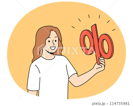 Smiling woman hold percentage sign Smiling woman hold percentage sign 114735981