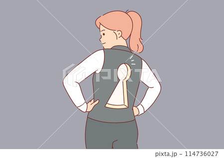 Business woman with keyhole on back reports readiness to solve tasks of employer or company partner Business woman with keyhole on back reports readiness to solve tasks of employer or company partner 114736027