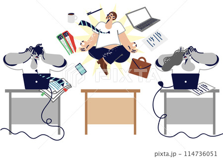 Man office worker meditation at workplace levitating during yoga class near shocked colleagues 114736051