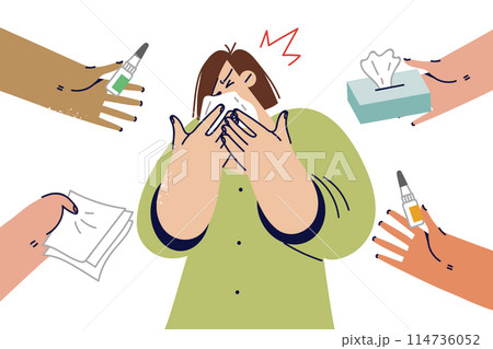 Woman with runny nose uses handkerchief, standing near hands offering medicine or paper napkins 114736052