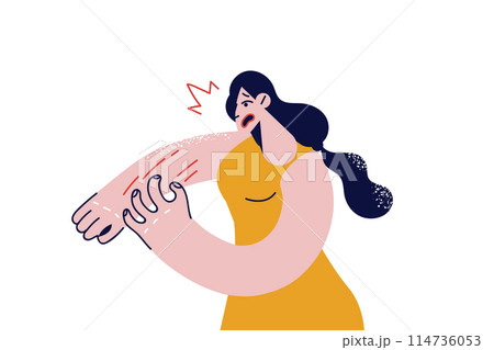 Woman suffers from scabies caused by presence lice or poor hygiene, scratches hand until it bleeds 114736053