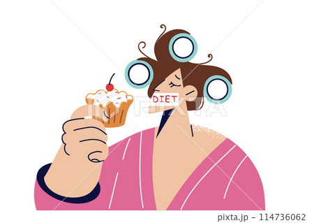 Woman is going to break diet by eating sweet dessert with lot of fat and carbohydrates Woman is going to break diet by eating sweet dessert with lot of fat and carbohydrates 114736062