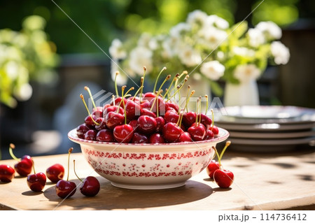 Fresh red cherries fruit in bowl on table in garden 114736412