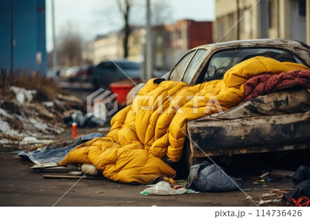 Homeless person living place with ragged discarded old broken bed with an dirty mattress and bedding. 114736426