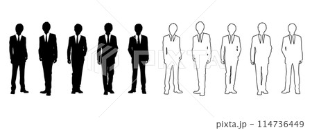 日本の男性のシルエット、かっこいいアイドルグループ、イケメンホストのベクター白黒イラスト素材 114736449