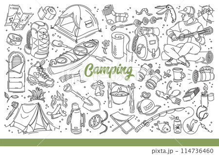 Camping equipment for hiking and active tourism to maintain health. Hand drawn doodle Camping equipment for hiking and active tourism to maintain health. Hand drawn doodle 114736460