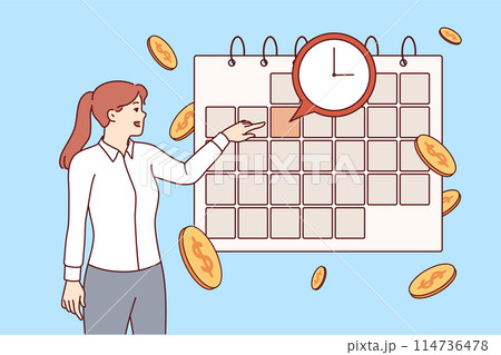 Payment calendar near business woman studying schedule of mandatory expenses and interest payments 114736478