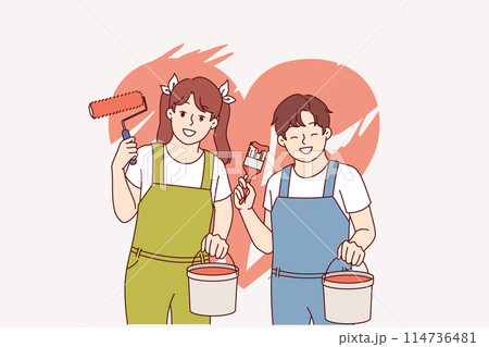 Little boy and girl painted heart on wall using bucket of paint and roller with brush Little boy and girl painted heart on wall using bucket of paint and roller with brush 114736481