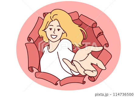 Happy woman stretching open palm through hole in torn paper to make Follow me gesture 114736500