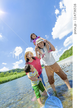 川遊びをする4人家族 川遊びをする4人家族 114736516