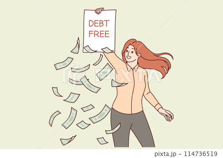 Woman demonstrates debt free inscription on contract, rejoicing at fulfillment of lender 114736519