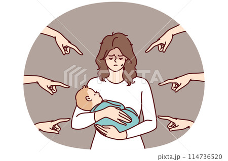 Young mother with baby in arms is ashamed because condemnation surrounding people pointing fingers 114736520