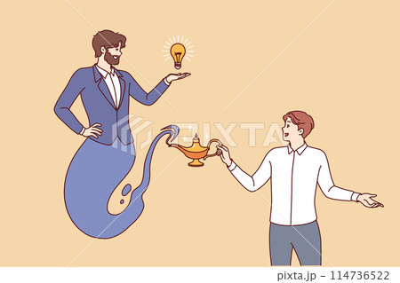 Business man releases genie from jug to get idea for developing company or attracting clients 114736522