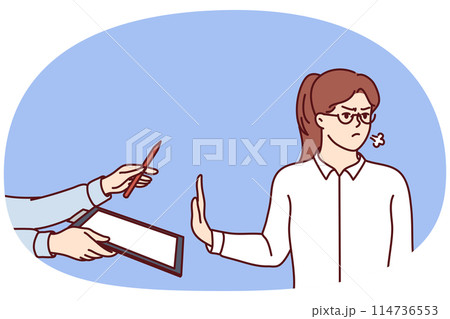 Angry woman making stop gesture suspending business deal and refusing to sign contract Angry woman making stop gesture suspending business deal and refusing to sign contract 114736553