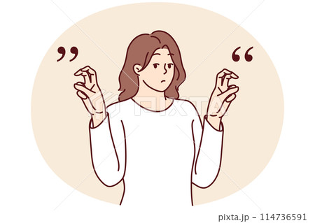 Young woman gesticulates with quotation marks with fingers while saying sarcastic words or hints 114736591