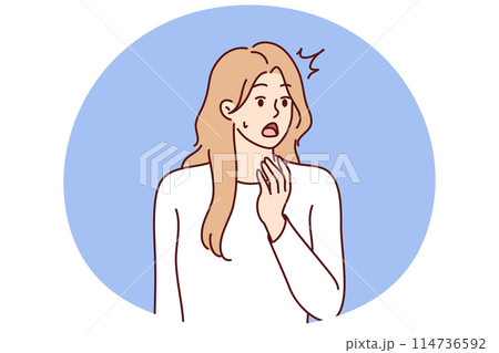 Young woman opens mouth when she sees unexpected event or experiences shock reaction 114736592