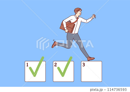 Business man is engaged in task management and marking already completed projects 114736593