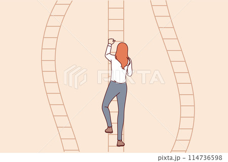 Progress woman climbs career ladder, choosing most promising path to achieve business success 114736598