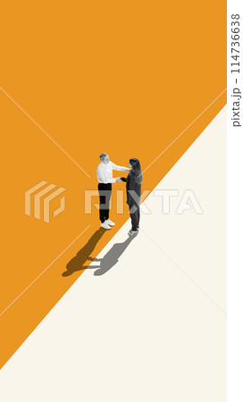 Contemporary art collage. Two young women standing on different halves of background and shaking hands. Start of partnership. 114736638