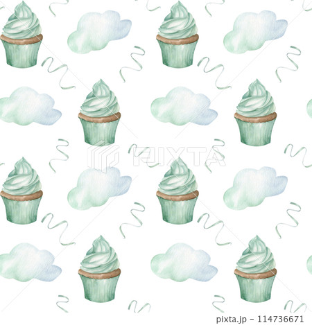 Monochrome mint muffins cupcake with confetti and cloud watercolor seamless pattern. Hand drawn background for child birthday party, stationery, invitation design. Wrapping paper, gift box 114736671