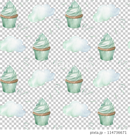Monochrome mint muffins cupcake with confetti and cloud watercolor seamless pattern. Hand drawn background for child birthday party, stationery, invitation design. Wrapping paper, gift box 114736671