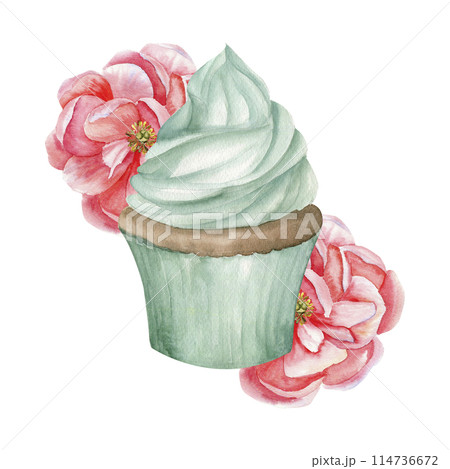 Sweet cupcake in pastel green color with pink peonies watercolor illustration. Mint color birthday cake with floral decoration, bakery logo design, party invitation, card decor 114736672