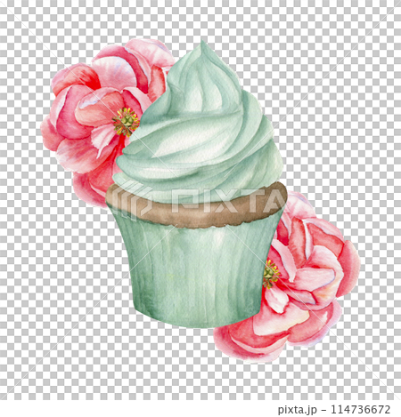 Sweet cupcake in pastel green color with pink peonies watercolor illustration. Mint color birthday cake with floral decoration, bakery logo design, party invitation, card decor 114736672