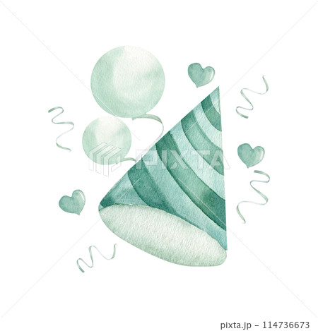 Birthday cap with stripes in mint pastel color with balloons, confetti and heart shapes decorative elements. Hand drawn watercolor illustration for birthday party, card, invitation design. Boho style 114736673