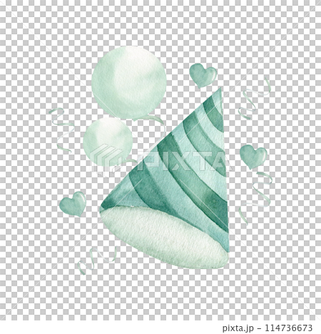Birthday cap with stripes in mint pastel color with balloons, confetti and heart shapes decorative elements. Hand drawn watercolor illustration for birthday party, card, invitation design. Boho style 114736673