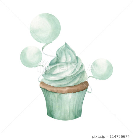 Delicious muffin cupcake with balloons watercolor illustration in monochrome in mint color. Hand drawn pastel mint birthday party painting for greeting card, invitation design, home party decor 114736674