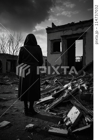 a woman stands near a destroyed house. tragic scene 114737032