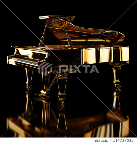 Golden grand piano on a black background, musical instrument, symbol of classical music 114737033