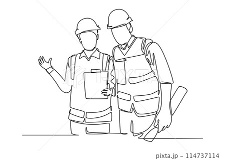 Single one line drawing young construction manager do short brief to builder coordinator on site. Building architecture business concept. Modern continuous line draw design graphic vector illustration 114737114