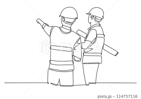 Single one line drawing young company manager presenting proposal construction plan to investor. Building architecture business concept. Modern continuous line draw design graphic vector illustration 114737116