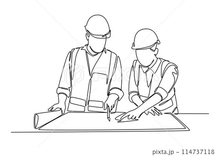 Continuous one line drawing young architect explaining sketch construction design on the table to manager. Building architecture business concept. Single line draw design vector graphic illustration 114737118