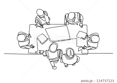 Continuous one line drawing young architect and construction builder discussing blueprint building design from top view. Home architecture concept. Single line draw design vector graphic illustration 114737123
