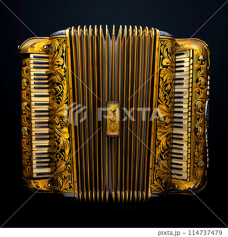 Golden accordion on a black background, musical...のイラスト素材 [114737479] -  PIXTA