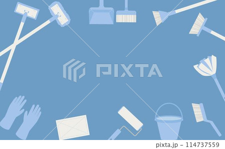 青い掃除道具のフレーム_青背景 114737559