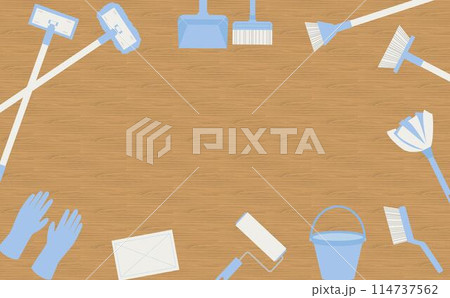 青い掃除道具のフレーム_フローリング背景 114737562