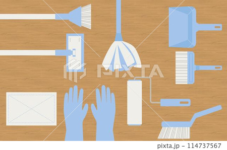 青い掃除道具の素材セット_フローリング背景 114737567
