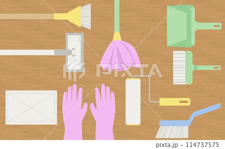 掃除道具の素材セット_フローリング背景 掃除道具の素材セット_フローリング背景 114737575