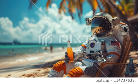 A man in a spacesuit is sitting on a beach chair with a glass of orange juice 114737635