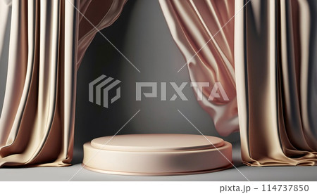 Pedestal podium with drapery luxury silk textile. Showcase of beauty, cosmetic product presentation. Stand stage on display background studio with copy space. 114737850
