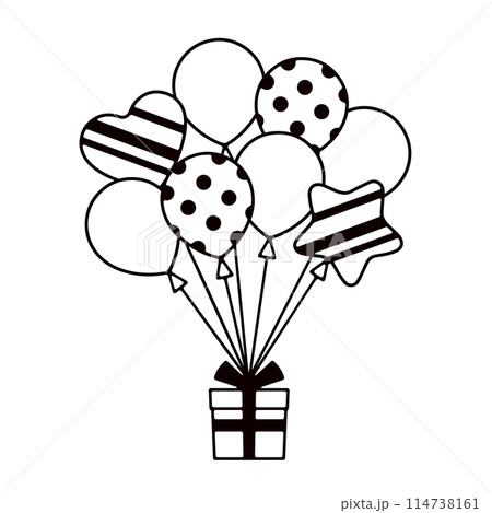 たくさんの風船とプレゼントの白黒の線画イラストのイラスト素材