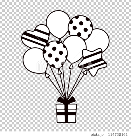 Black and white line drawing illustration of lots of balloons and gifts Black and white line drawing illustration of lots of balloons and gifts 114738161